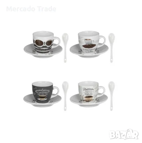 Комплект бели керамични чаши за кафе с различни дизайни, С чинийки и лъжички, снимка 1