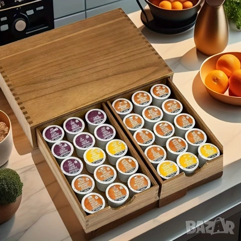 Шкаф Дървена Основа за Кафемашина с Чекмеджета Настолен Органайзер за Кафе Капсули 39 x 28 x 8.5см!, снимка 4 - Шкафове - 53191690