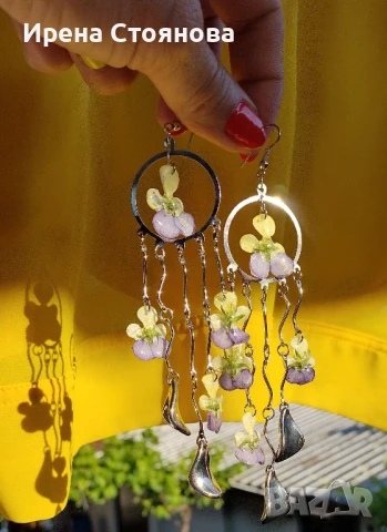 Обеци с естествен цвят на градински теменужки. Необичайно и стилно допълнение към вашия тоалет, снимка 1