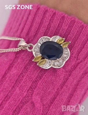 СРЕБЪРНА ВИСУЛКА СЪС СИН САПФИР И ЖЪЛТИ САПФИРИ ОТ ТАЙЛАНД, снимка 6 - Колиета, медальони, синджири - 52316261