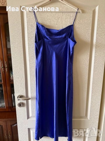 Нова синя midi миди дълга елегантна  парти коктейлна официална  сатен сатенена рокля гръцко деколте, снимка 3 - Рокли - 42812952