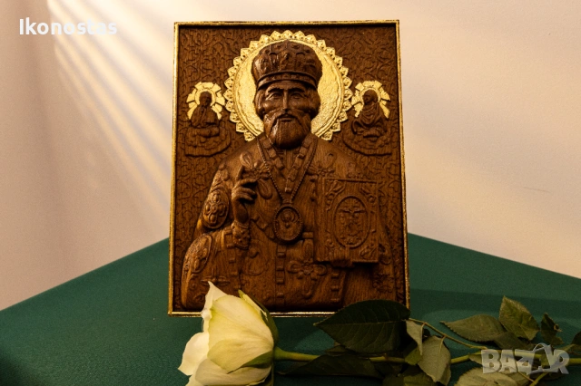 Релефна икона на Свети Николай Чудотворец – позлатена с варак, снимка 6 - Икони - 53223929