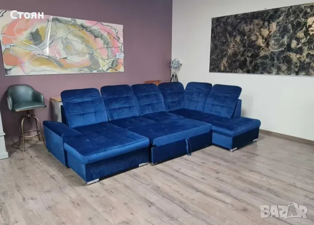 Син П образен ъглов диван от плат Nigrum с функция сън, снимка 10 - Дивани и мека мебел - 48632853