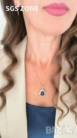 СРЕБЪРЕН ВИСУЛКА С ЦЕНТРАЛЕН СИН САПФИР И ЖЪЛТИ САПФИРИ, снимка 6 - Колиета, медальони, синджири - 52397607