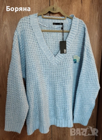 Нов син пуловер бранд 157 LEGER с брошка облак дъжд, снимка 4 - Блузи с дълъг ръкав и пуловери - 53501596