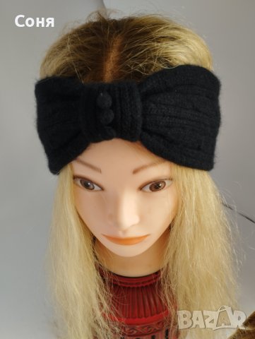 Дамска лента плетена в черно, снимка 2 - Шапки - 42370605