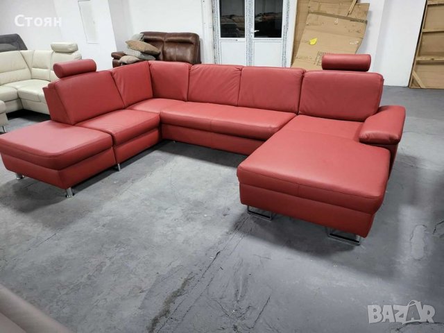 Червен кожен ъглов диван П форма с функция сън "CARO", снимка 1 - Дивани и мека мебел - 39688800