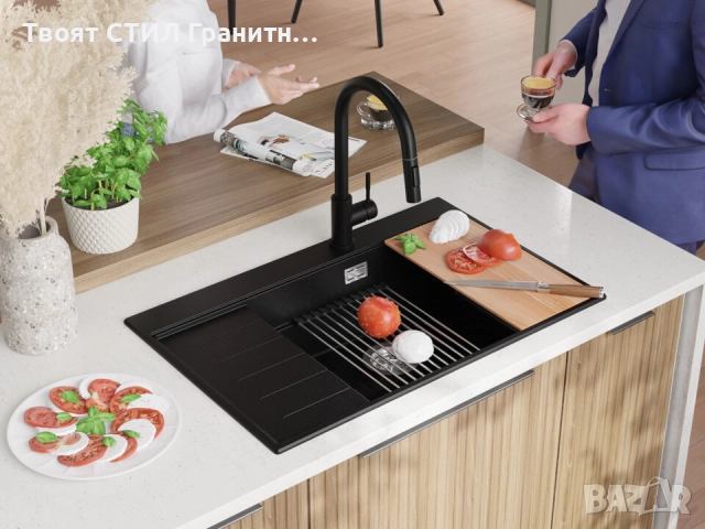 Черна гранитна кухненска мивка Сидни 780-60 Ergo Multilevel 780х500, снимка 4 - Мивки - 51918220