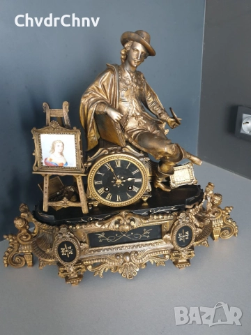 Франция 1800-те/46см-7кг стар френски каминен часовник/метална ЦАМ фигура-мрамор