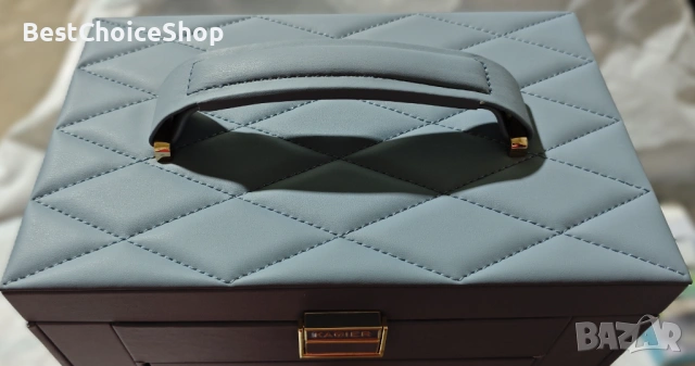 кутия за бижута 6-етажна от естествено дърво, кожа с огледало – XXL синьо-сиво, снимка 4 - Други - 53357861