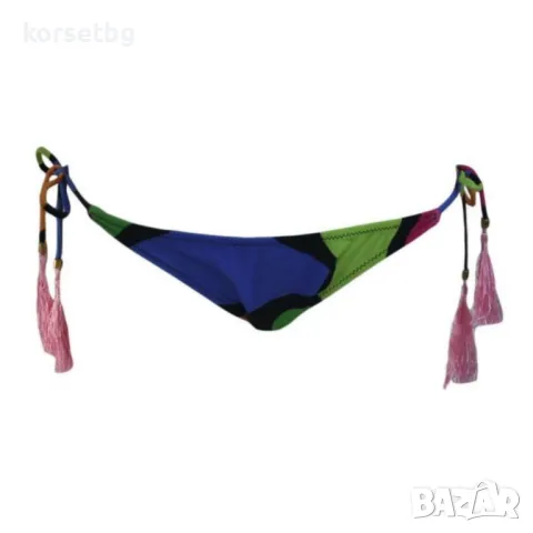 Многоцветно дамско долнище на бански с връзки и розови пискюли -22598, снимка 1