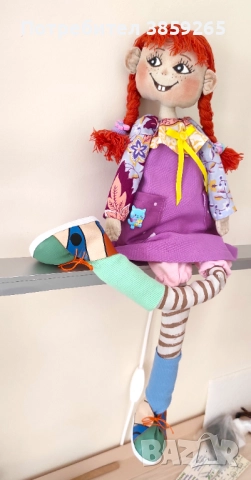 Кукла Пипи дълъг чорап.Ръчна изработка. Текстилна кукла. За игри и интериор., снимка 5 - Кукли - 52399284