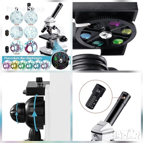 Биологичен Микроскоп BEBANG 100X-2000X, 2х LED осветяване, аксесоари , снимка 9 - Други - 53409173