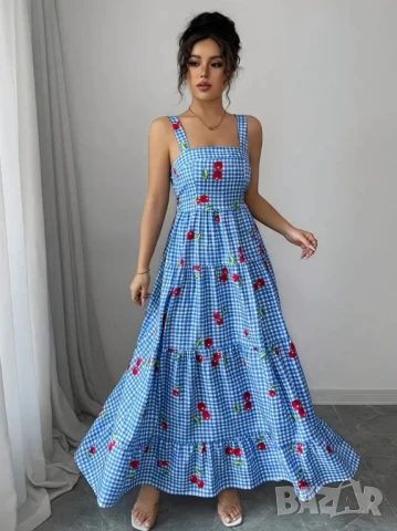 Лятна дълга карирана рокля на черешки, снимка 1