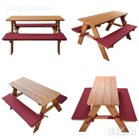Градински Комплект GINGER HOME, Детска Маса за Пикник с Пейки и Меки Възглавници, Дървен, 89х79х50 с, снимка 4 - Други - 44670157