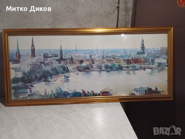 Hamburger Michel Landingsbrucken Binnenalsyer акварел подписан 90г панорама 132х58см Злат. рамка ст., снимка 5 - Картини - 55846251
