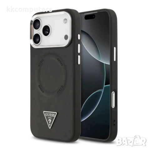 Оригинален кейс Guess Leather Triangle Metal Logo и Протектор За iPhone 17 Pro Max (6.9), Черен