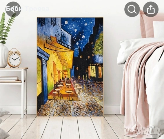 Картина на Ван Гог на кафе на открито през нощта с хора, Забавна и вдъхновяваща стенна украса