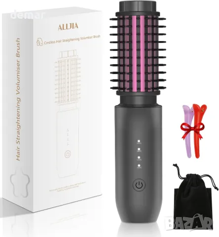 ALLJIA 2 в 1 безжична четка за къдрене и изправяне на коса, акумулаторна нагреваема преносима, сива, снимка 2 - Маши за коса - 47275126