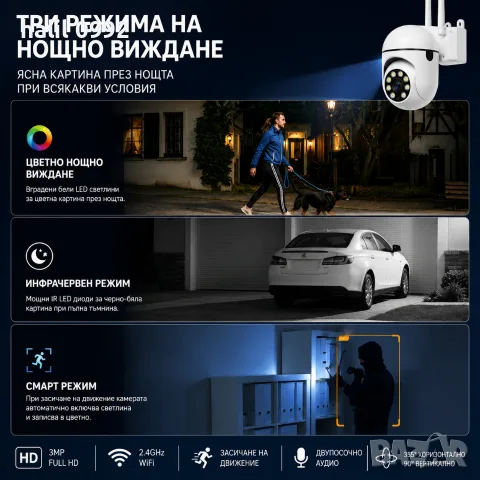 Смарт WiFi PTZ камера 1080P с нощно виждане, снимка 3 - HD камери - 55723671