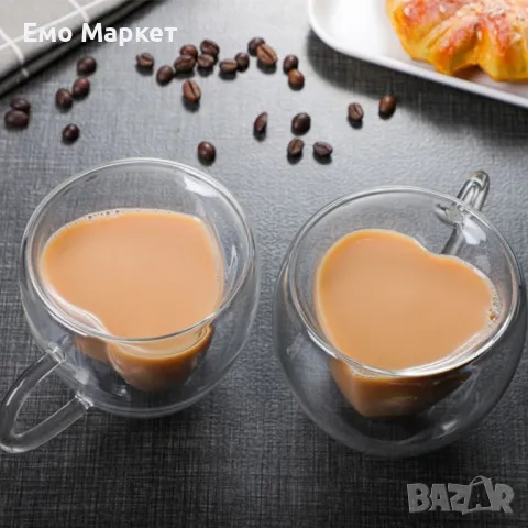 Двустенна стъклена термо чаша във формата на сърце, снимка 3 - Чаши - 48917127