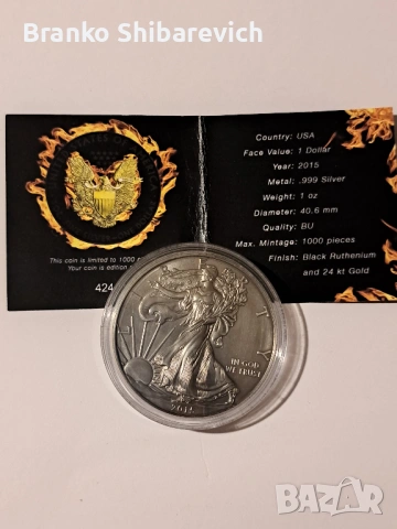 Красива сребърна монета American Silver Eagle 2015 Black Ruthenium & 24 K Gold, снимка 2 - Нумизматика и бонистика - 53708311