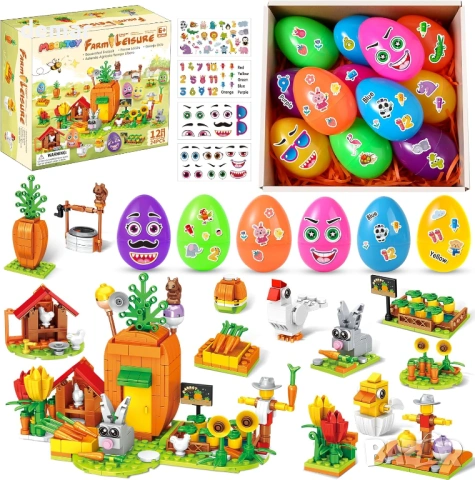 MOONTOY 12 великденски яйца,12 играчки-строителни блокчета и 4 стикера
