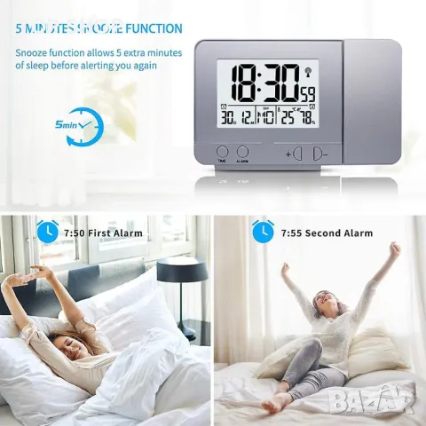 Прожекционен часовник с термометър, влагомер, USB слот,календар и будилник , снимка 3 - Стенни часовници - 49249841