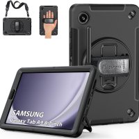 Калъф за Samsung Galaxy Tab A9 8.7 Inch 2023 държач за писалка, въртяща се стойка, каишка, черен, снимка 1 - Калъфи, кейсове - 44438427