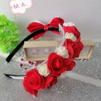 Диадема за коса с рози и панделка с шевица , снимка 2 - Шноли, диадеми, ленти - 35700901