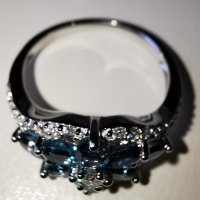 Елегантен сребърен 925 пръстен с родиево покритие и Натурални London Blue Топази и Циркони!, снимка 8 - Пръстени - 42381089