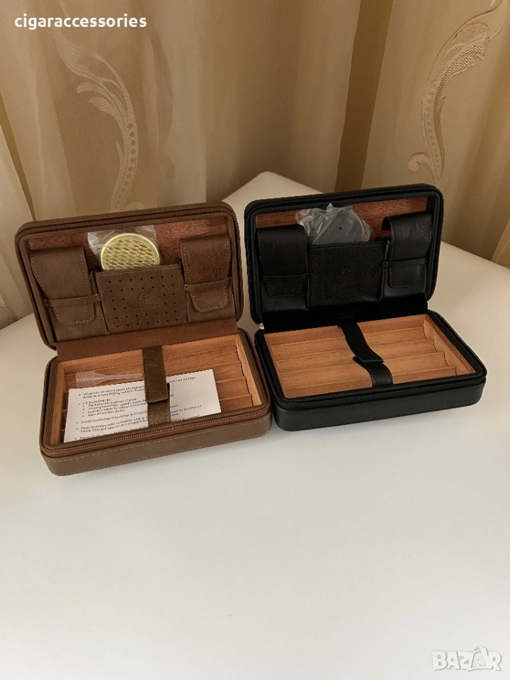 Преносим кожен хумидор за 4 пури от естествена кожа – черен / кафяв, снимка 1