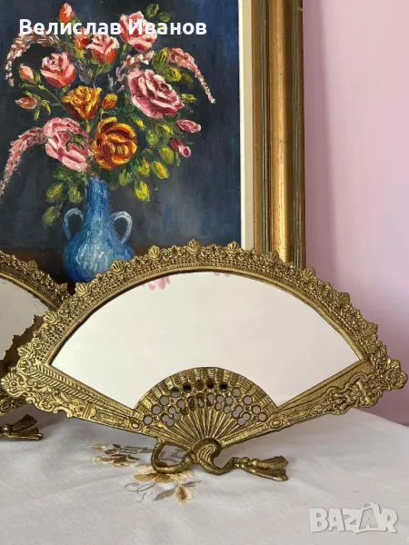 Антикварни бронзови огледала във формата на ветрила стил Наполеон III . Много редки и кресиви., снимка 1