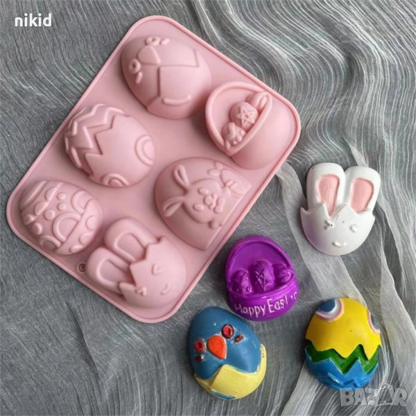 Великденски 6 големи яйце заек пиле силиконов молд форма фондан гипс шоколад декор сапун, снимка 1
