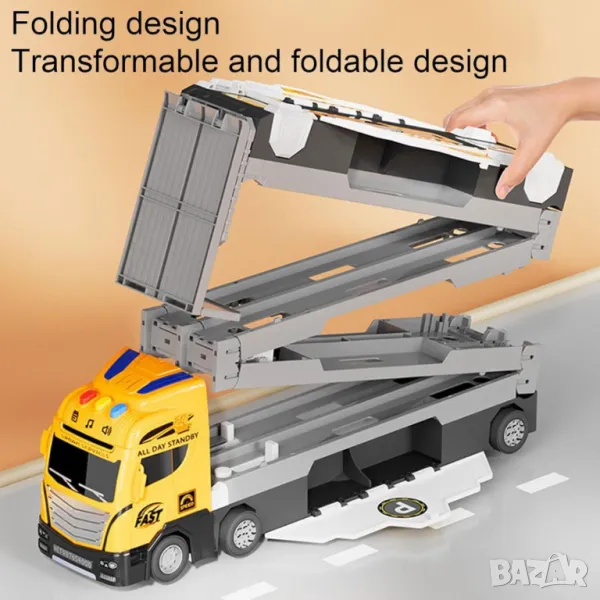 Трансформиращ се голям детски камион с рампа и колички, снимка 1