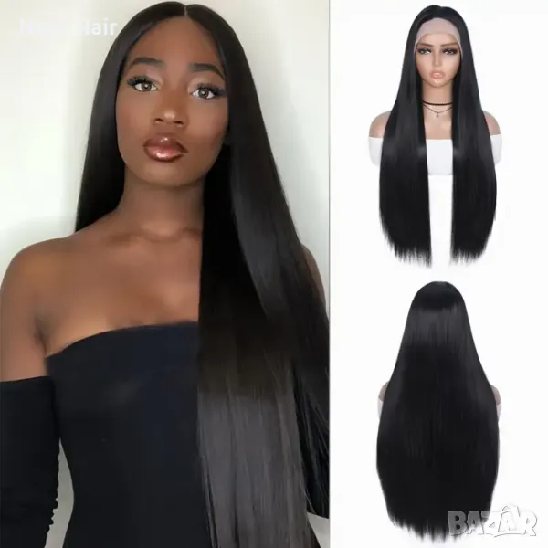 Черна висококачествена лейс фронт дълга права перука с дантела, снимка 1