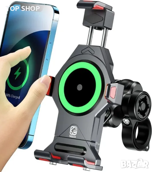 Мотоциклетен държач за телефон BRCOVAN от алуминиева сплав с 15W Qi безжично зарядно, снимка 1