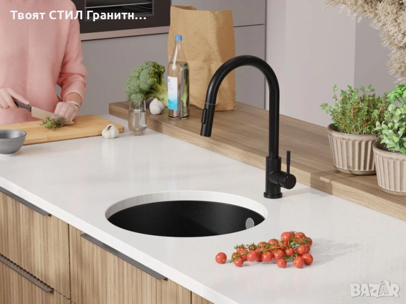 Черна кръгла кухненска мивка за вграждане под плот Валета 50 460x460 мм, снимка 1
