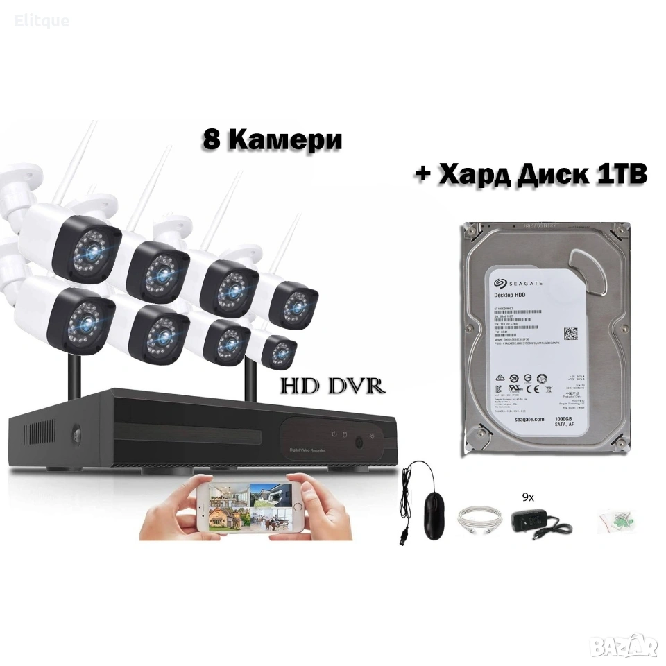 A1376 WIFI ВИДЕОНАБЛЮДЕНИЕ - 8 КАМЕРИ HD с хард диск ЖИЧНИ, снимка 1