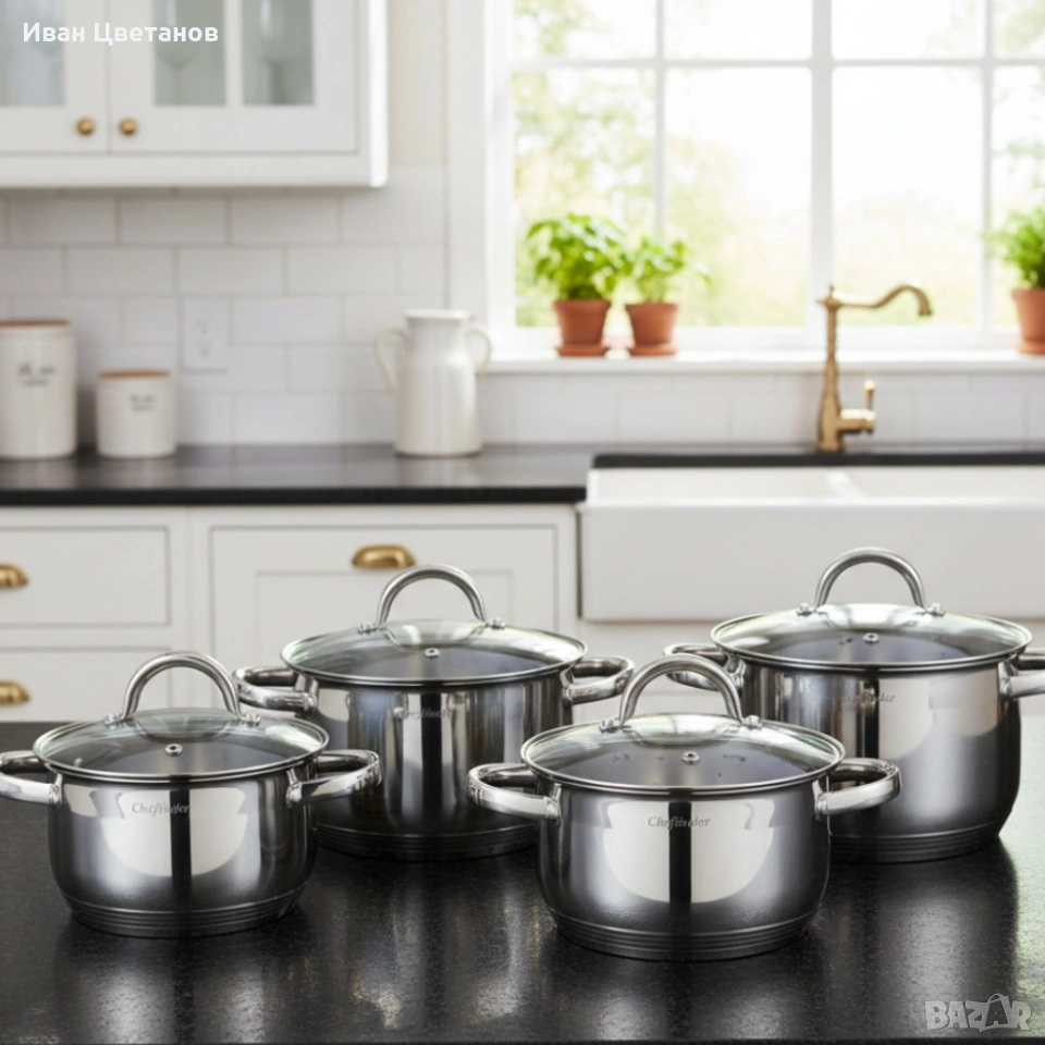 Комплект тенджери Cheffinger – 8 части инокс с капаци, за всички видове котлони, снимка 1