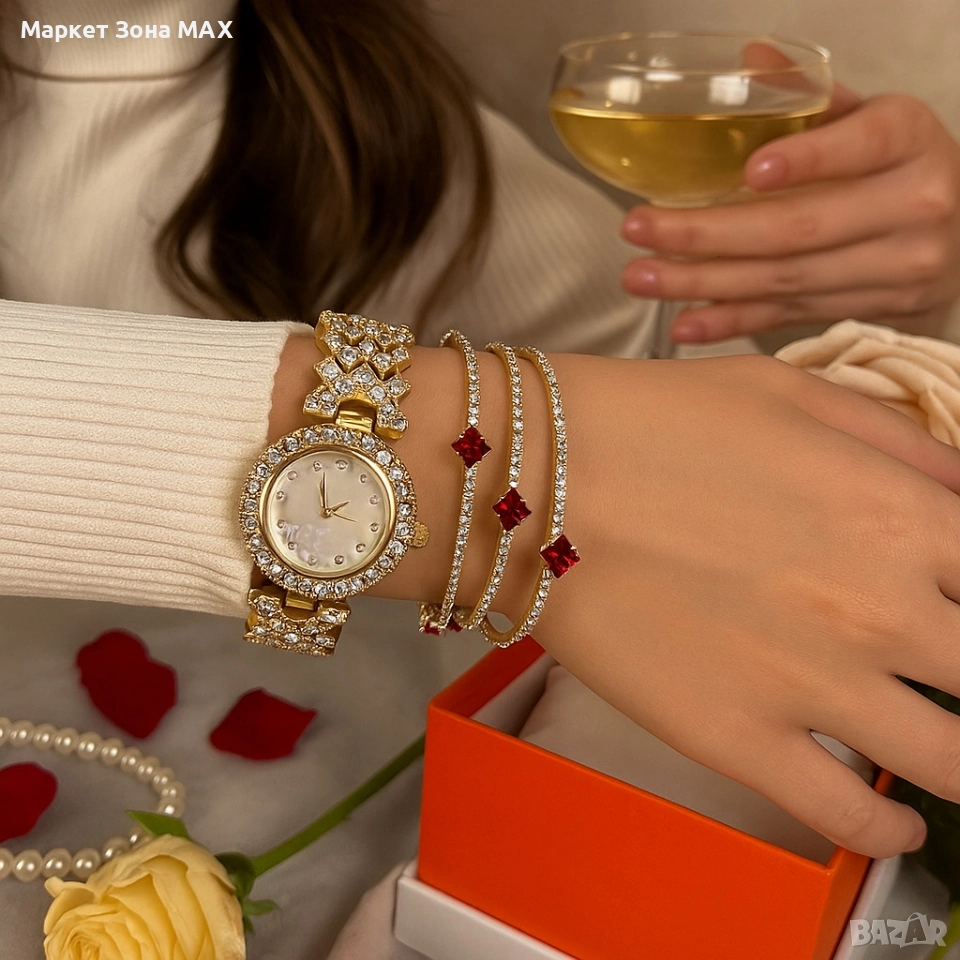 Готов сет за елегантност: кварцов часовник + 3 гривни с червени акценти, снимка 1