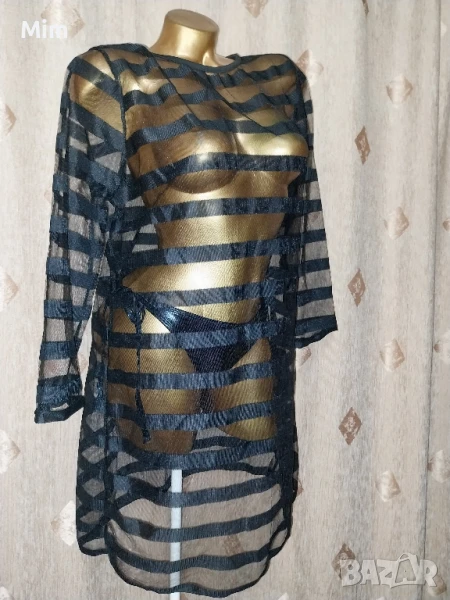 XL Черна прозрачна рокля на райе , снимка 1