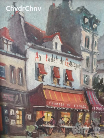 54х46см/малка стара картина масло върху платно/градски пейзаж/френско кафене/дървена рамка, снимка 7 - Картини - 51192662