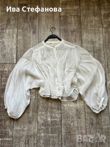 Нова елегантна бяла риза лен ленена вискоза буфан разкошен ръкав  