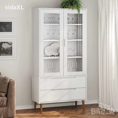 vidaXL Шкаф витрина MOLDE, бял, 90x35x175 см, бор масив, снимка 2 - Секции и витрини - 56147189