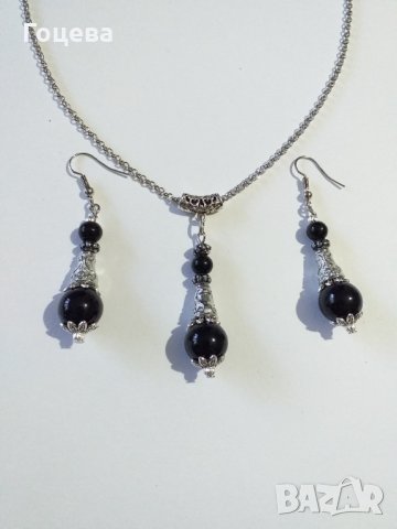 Красив комплект бижута с черен порцелан и прекрасни орнаменти в цвят Сребро , снимка 2 - Бижутерийни комплекти - 35745407