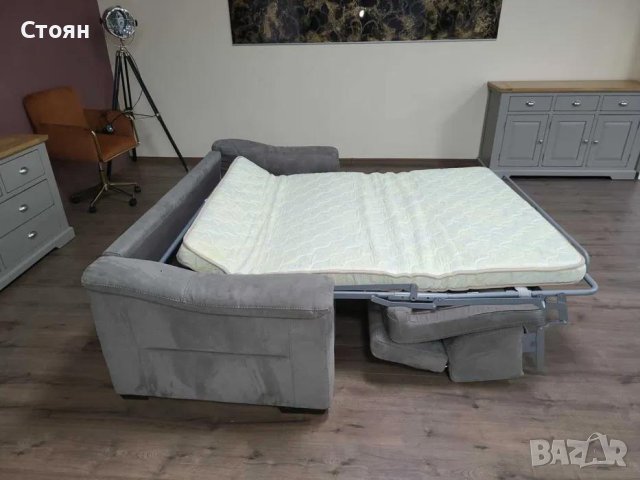 Светло сив диван тройка от плат с функция сън, снимка 6 - Дивани и мека мебел - 44297924