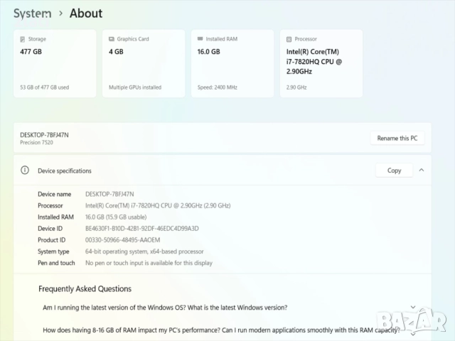 laptop Dell Precision 7520 i7-7820HQ 2.90GHz/RAM 16GB/SSD 512GB/NVIDIA Quadro M2200 4GB DDR5, снимка 14 - Лаптопи за работа - 52453257