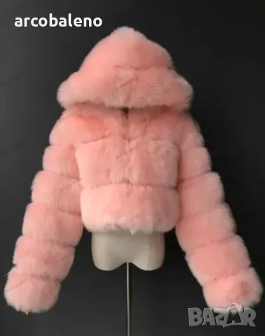 Късо дамско палто от изкуствен косъм с качулка и дълъг ръкав, 6цвята , снимка 5 - Якета - 47558790