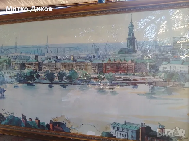Hamburger Michel Landingsbrucken Binnenalsyer акварел подписан 90г панорама 132х58см Злат. рамка ст., снимка 2 - Картини - 55846251